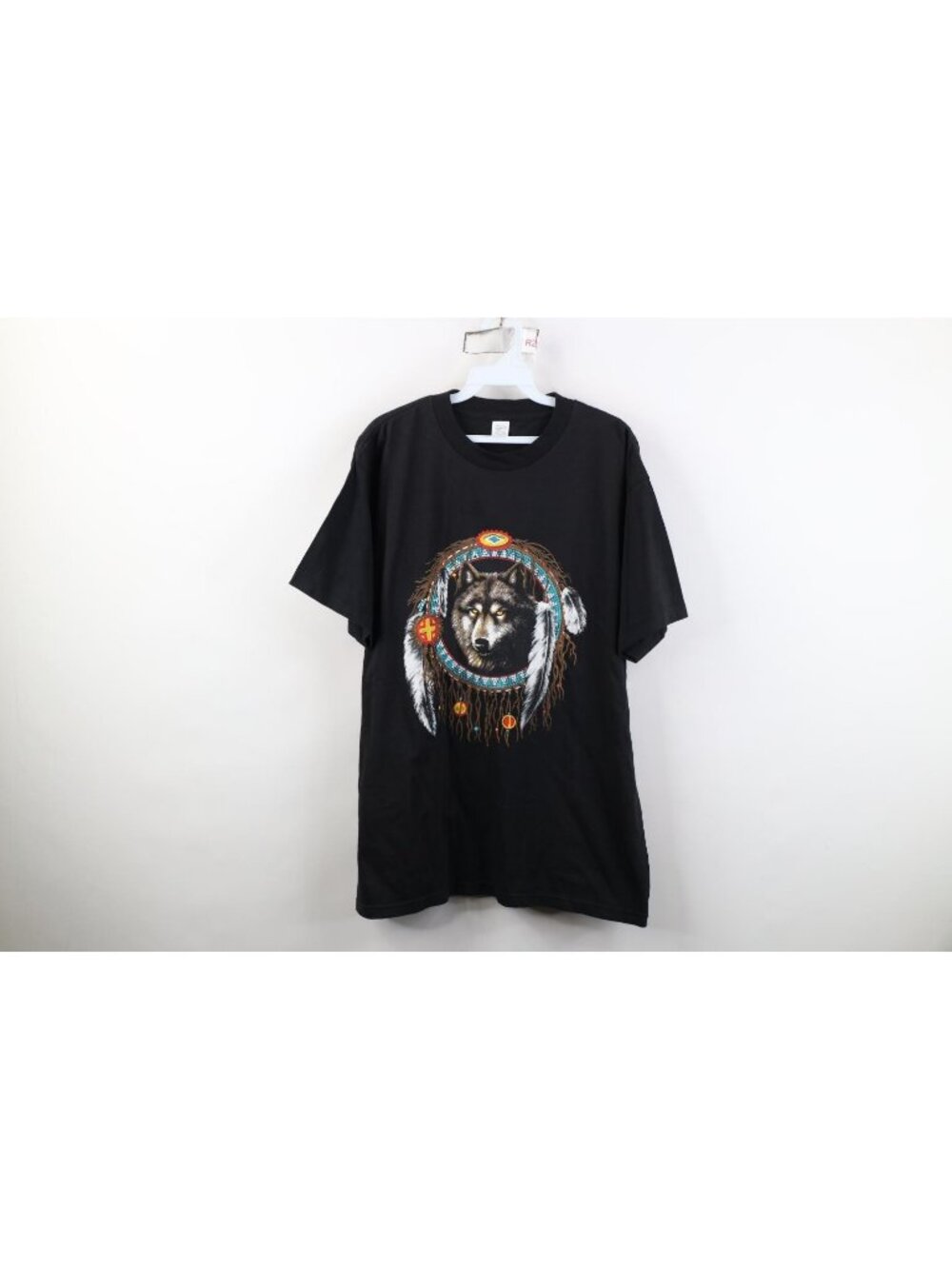Vintage 90s Streetwear Mens Large Native Tribal Wolf Feather T-Shirt Black USA